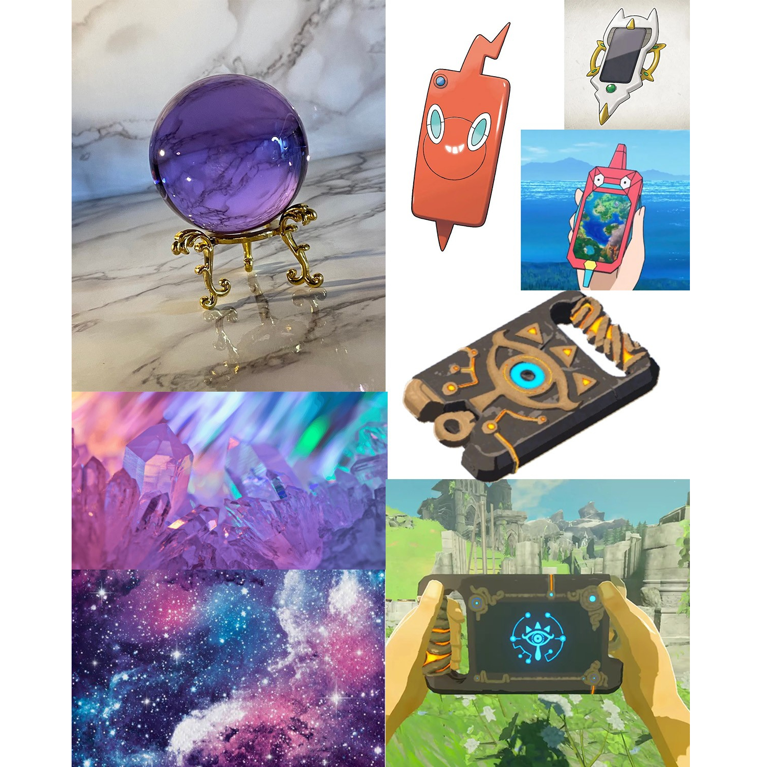 The first half of the inspiration board. Shows various crystals and fantasy phones. Particularly the Sheika Slate from Breath of the Wild,f the Arc Phone from Pokemon Legends Arceus, thee Porygon phone from Pokemon Masters, and the Rotom phone from Pokemon Scarlet and Violet.